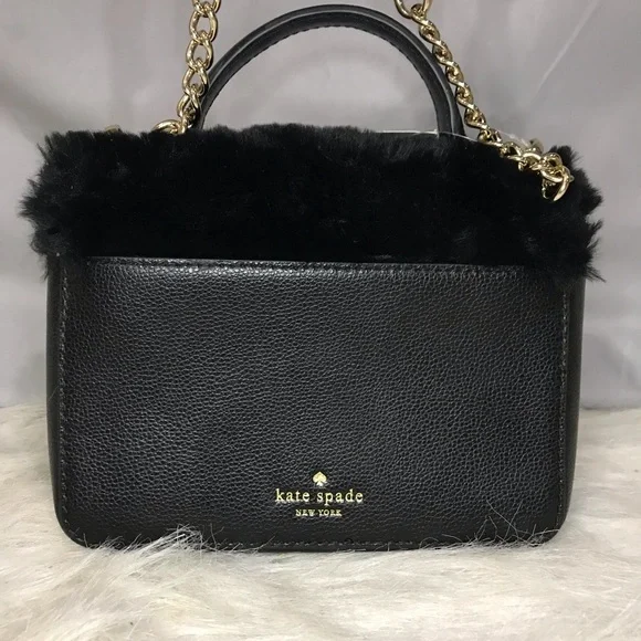 NWT Kate Spade Black Faux Fur Handle Crossbody Bag w/ Crystal Embellishments - Picture 11 of 16